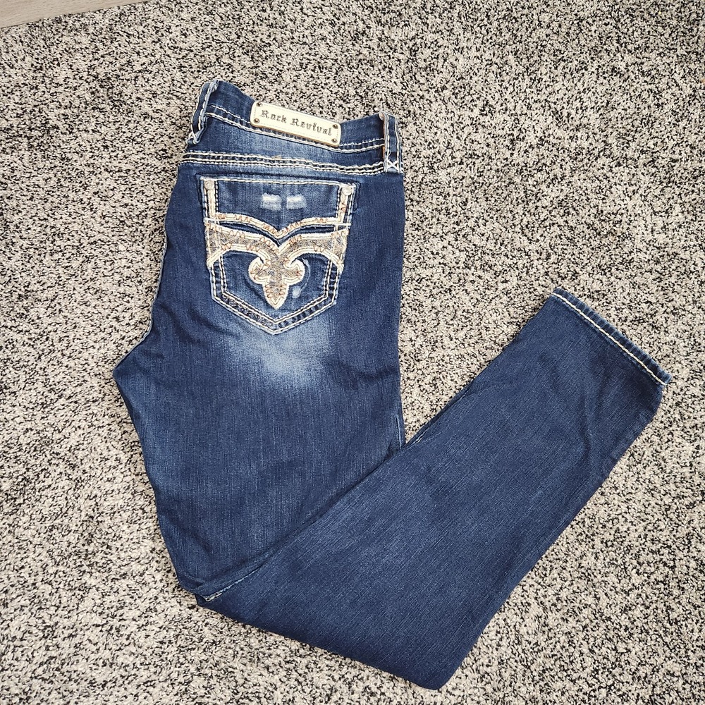 Rock Revival Sapphire Easy Skinny Jeans Darkwash Stretch Women's 34x31 10" Rise